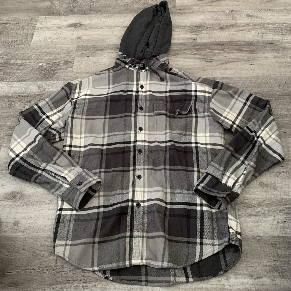 AE American Eagle Hooded Flannel Shirt Men Small Plaid Removable Hood Super Soft